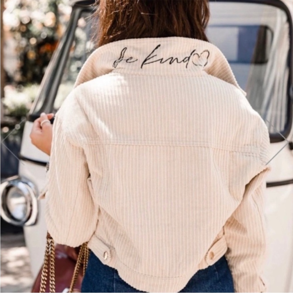 Pink Lily “Be Kind” cropped corduroy jacket, size S